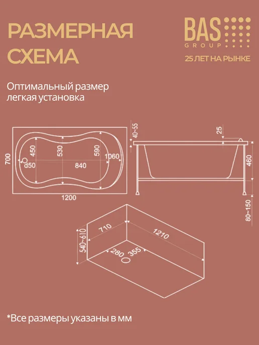 BAS bath acrylic system Ванна акриловая 120х70 Свифт, ножки в комплекте, 120x70, фото 7