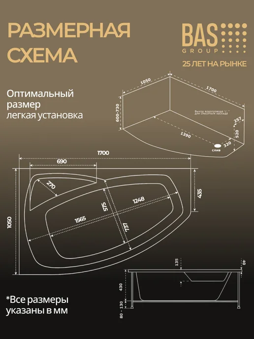 BAS bath acrylic system Ванна акриловая 170х105 Генуя PRO левая, угловая,с каркасом, вариант, фото 7