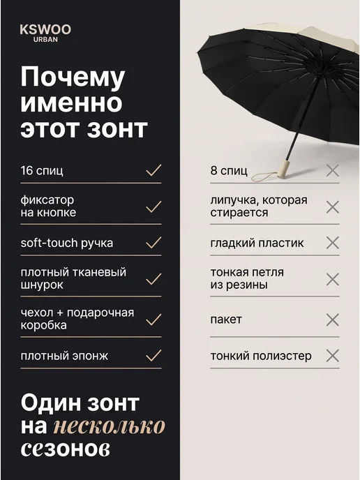 KSWOO URBAN Зонт автомат антиветер усиленный 16 спиц, желтый, фото 4