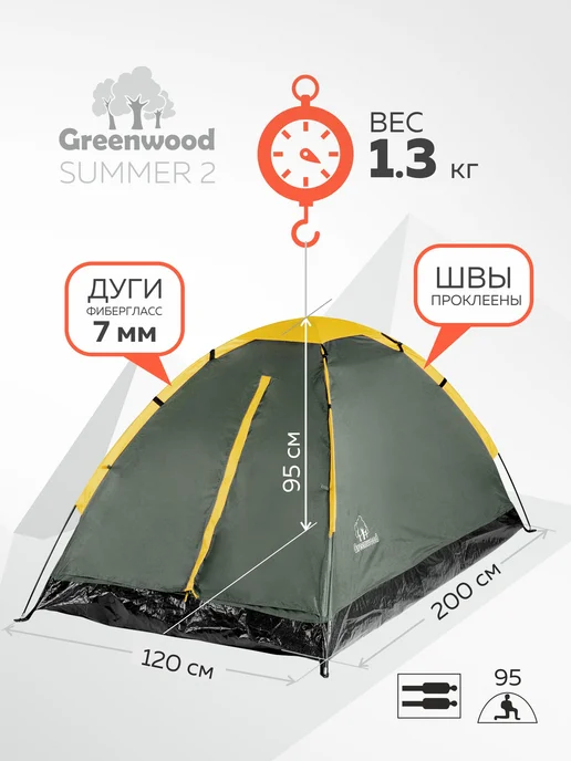 Greenwood Палатка туристическая двухместная Summer 2, зеленый, фото 2