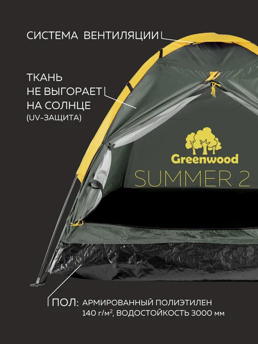 Greenwood Палатка туристическая двухместная Summer 2, зеленый, фото 3