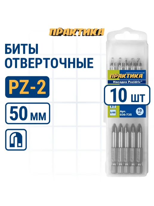 Практика Биты для шуруповерта PH-2 PZ-2 х 50 мм двусторонние, 2x50 мм, 10 шт