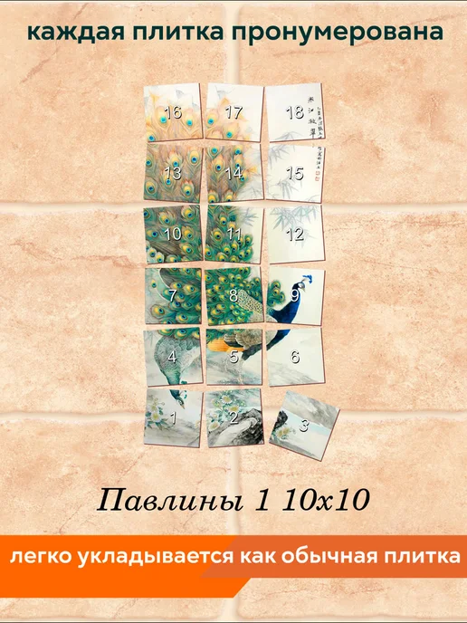 fres-co Панно из керамической плитки Павлины 1 10х10, 10x10, фото 4
