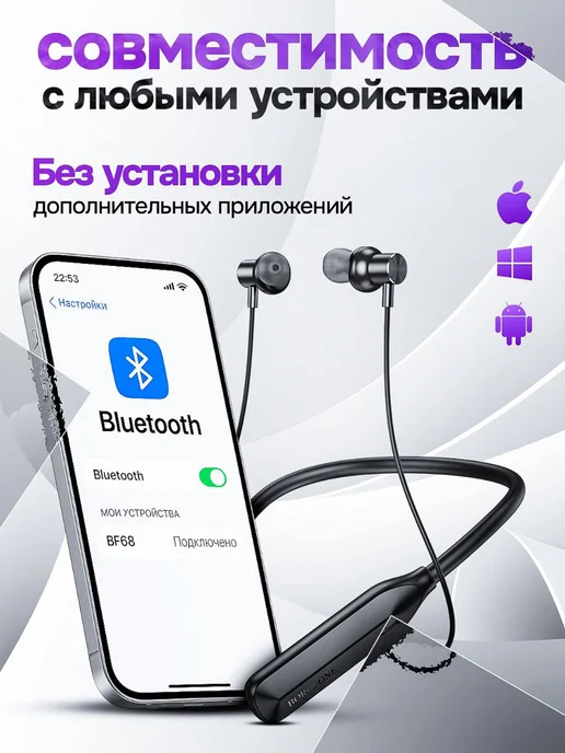 KABIX Наушники беспроводные блютуз спортивные на шею с микрофоном, черный, фото 7
