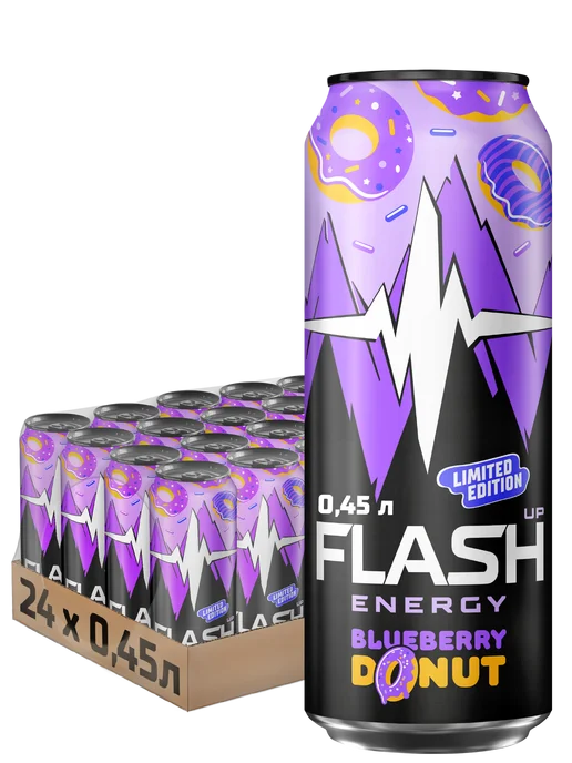 Flash Up Энергетик Флеш Ап Черничный Пончик напиток 24 шт х 0,45 л, 24 шт, 0,45 л, фото 5