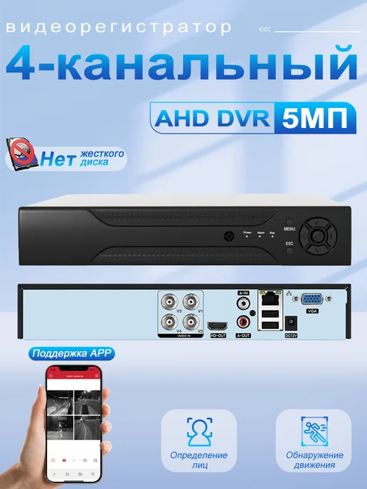 GUYSGEEK Видеорегистратор видеонаблюдения на 4-каналов 5МП нет HDD, черный