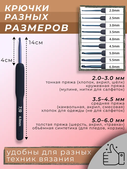 Виктори-Я Крючок для вязания с силиконовой ручкой набор 9 штук, черный, фото 2
