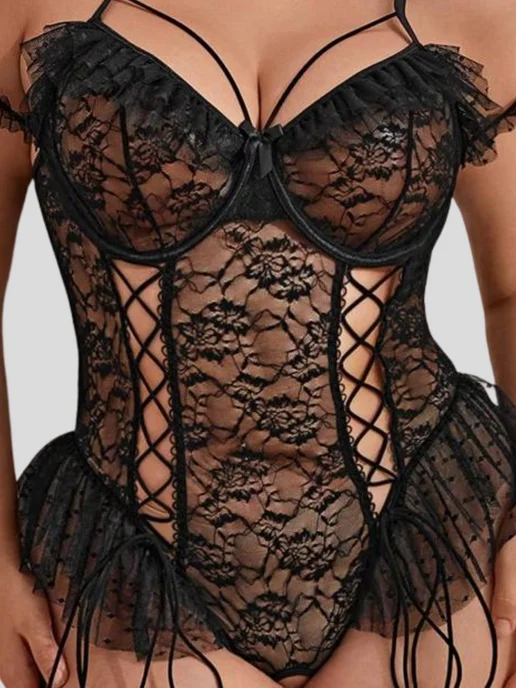 Charm&Joy_Underwear Боди эротик с доступом комплект белья больших размеров, черный, фото 3