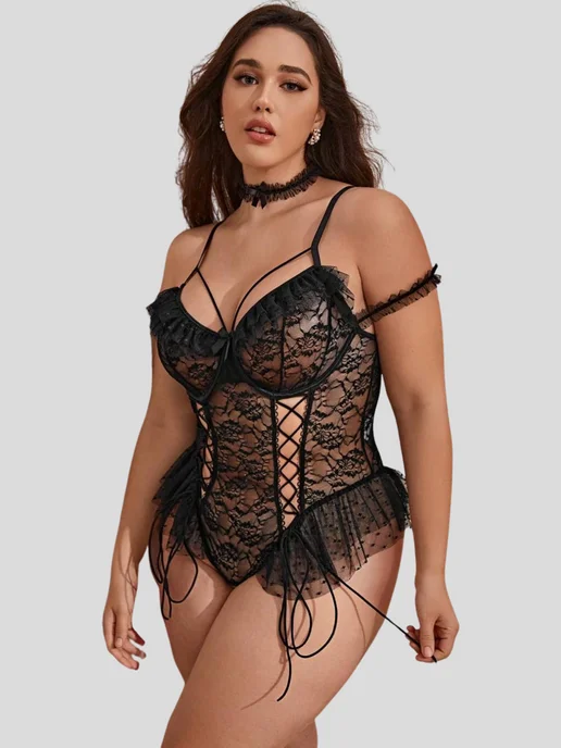 Charm&Joy_Underwear Боди эротик с доступом комплект белья больших размеров, черный, фото 7