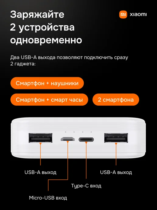 Xiaomi Повербанк Power Bank для телефона 20000, внешний аккумулятор, белый, фото 4