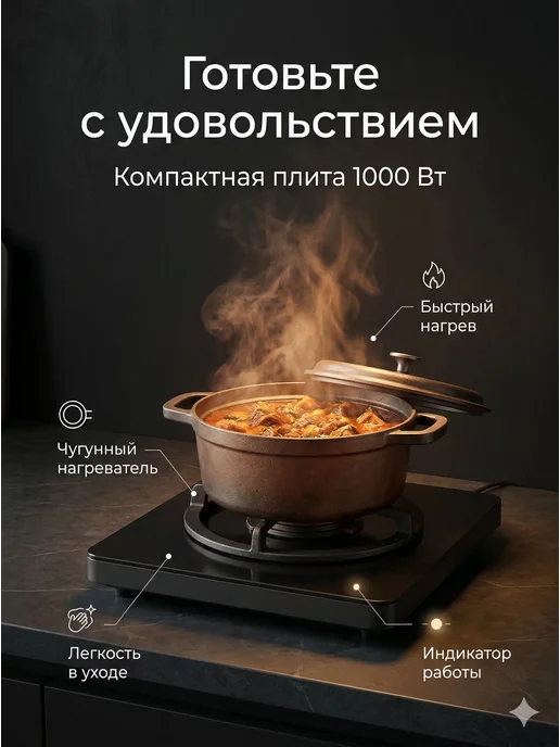 Energy Плитка электрическая настольная одноконфорочная для кухни, черный, фото 7