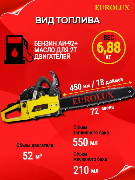 EUROLUX Бензопила бензиновая цепная пила GS-5218, 550 мл, фото 3