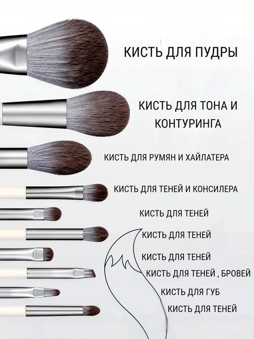 Кисти для макияжа натуральные профессиональные 10 штук, серый, фото 8