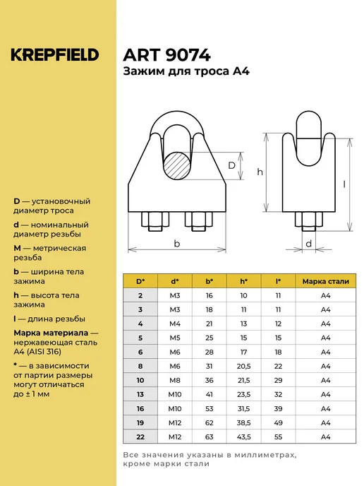KREPFIELD Зажим Нержавеющий 10 мм ART 9074 А4 для троса 4 шт, 2 шт, фото 2