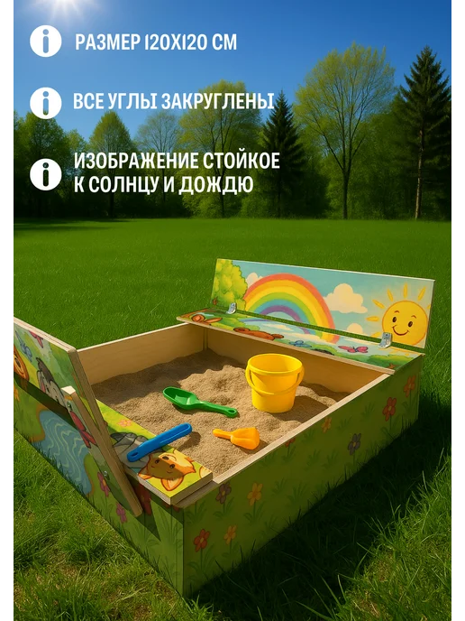 Песочница детская для улицы, дачи, деревянная с крышкой, бежевый, фото 2