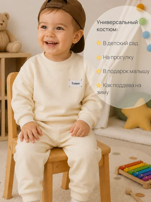 Детский костюм с начесом флисовый, белый, фото 4