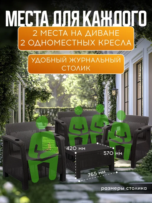 АЛЬТЕРНАТИВА Комплект садовой мебели с двойным диваном Wiilla Set, коричневый, фото 2