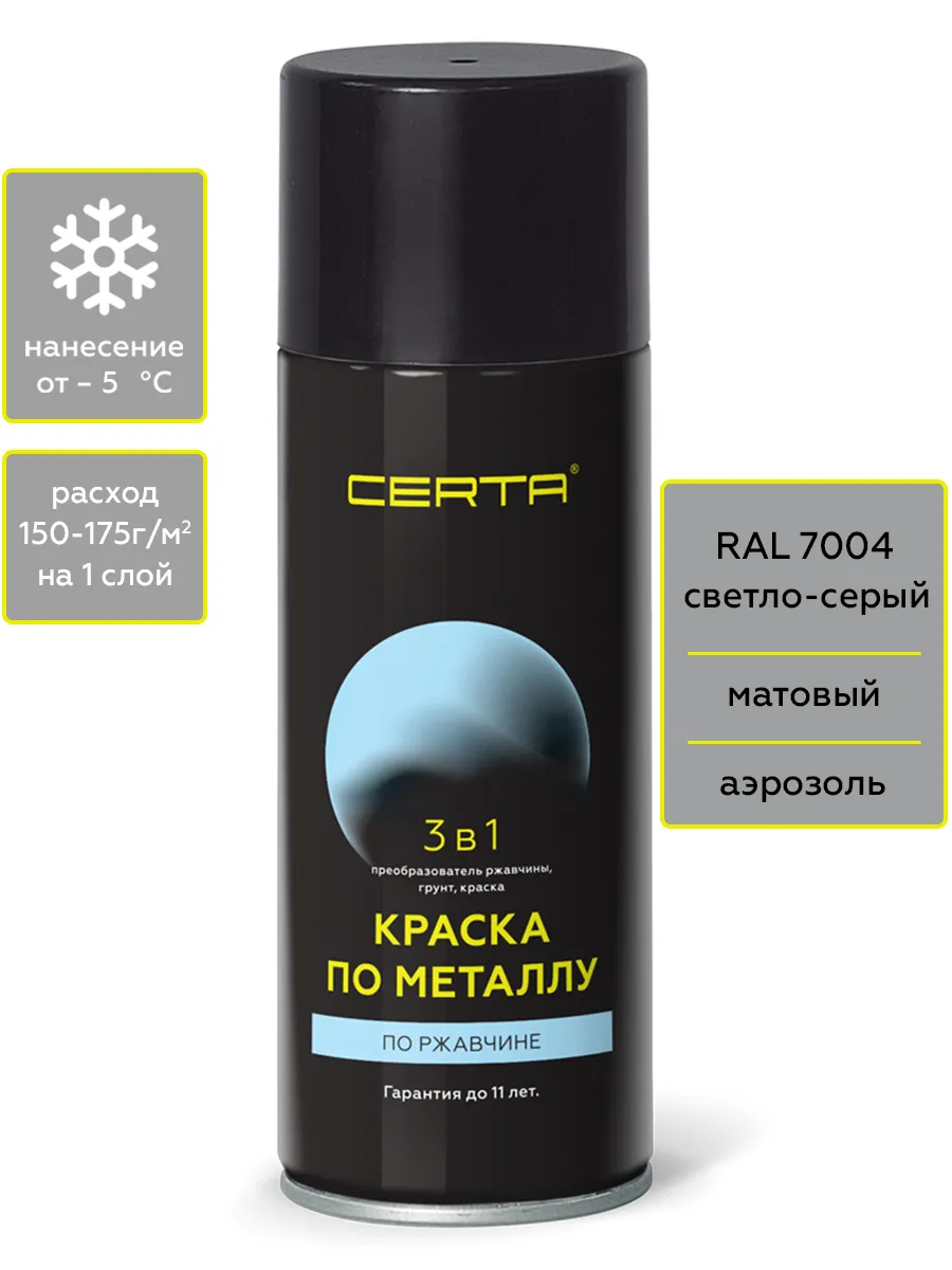 Аэрозольная краска 3 в 1 по ржавчине серая RAL 7004