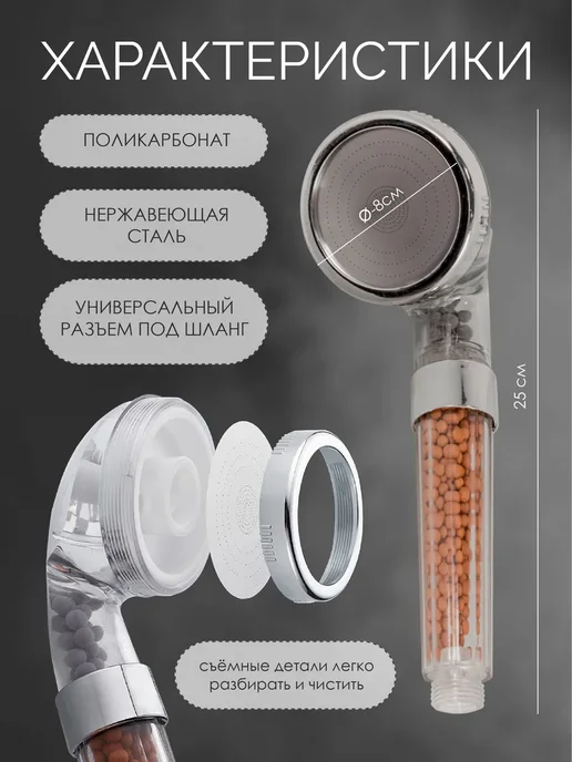 ISMA Насадка лейка для душа с фильтром, 3 режима, серый, фото 2