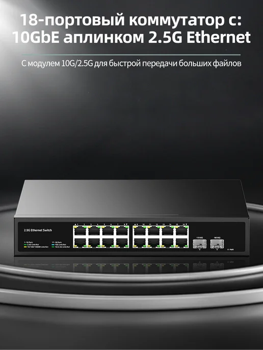 HORACO 16-портовый коммутатор 2.5G с 2 портами 10G SFP+, 2,5 г, 10 г