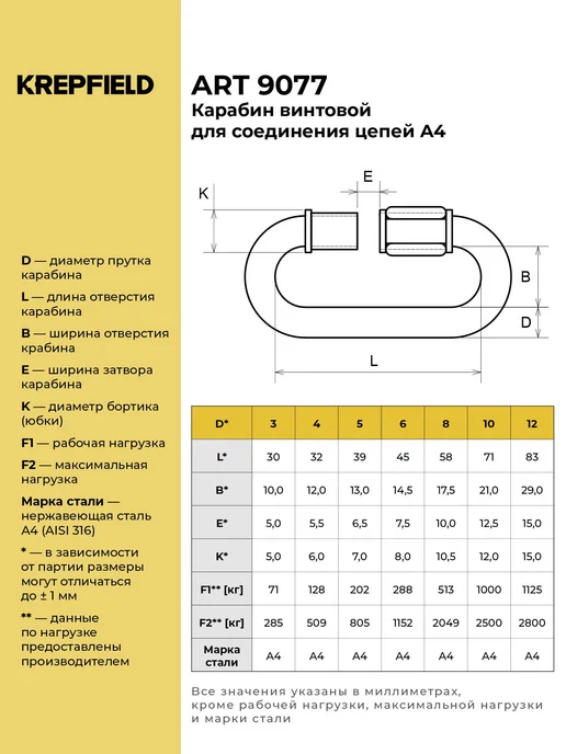 KREPFIELD Карабин Нержавеющий 10 мм А4 винтовой 1 шт, 1 шт, фото 2