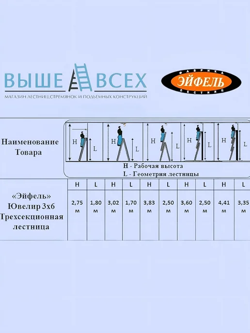 Эйфель Трехсекционная лестница Ювелир 3х9, 3x6, фото 2