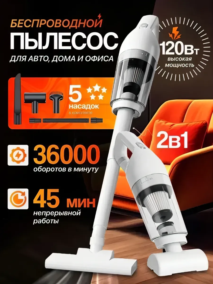 Пылесос вертикальный беспроводной для дома и авто