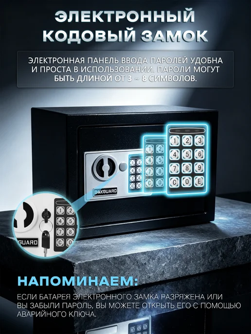 Сейф с электронным кодовым замком для денег и документов, черный, фото 2