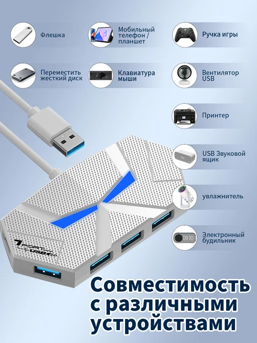 Разветвитель USB HUB 7 портов USB 3.0, белый, фото 6