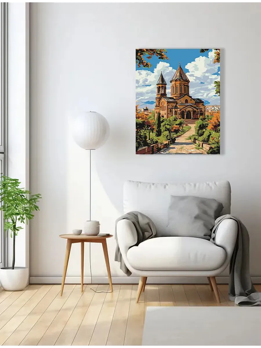 Картина по номерам — Каменный храм с двумя башнями и садом — фотография 9