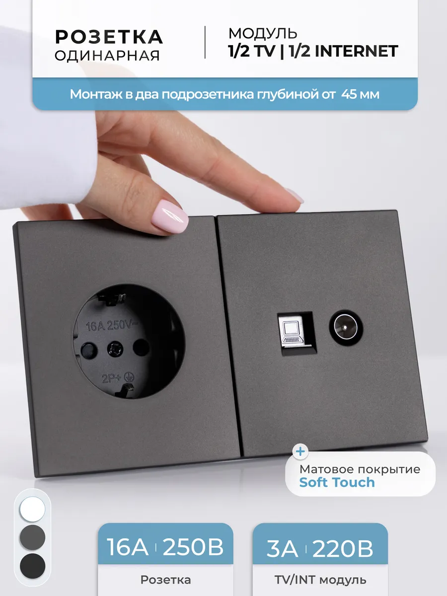 Розетка двойная серая для тв и интернета RJ45 категория 6