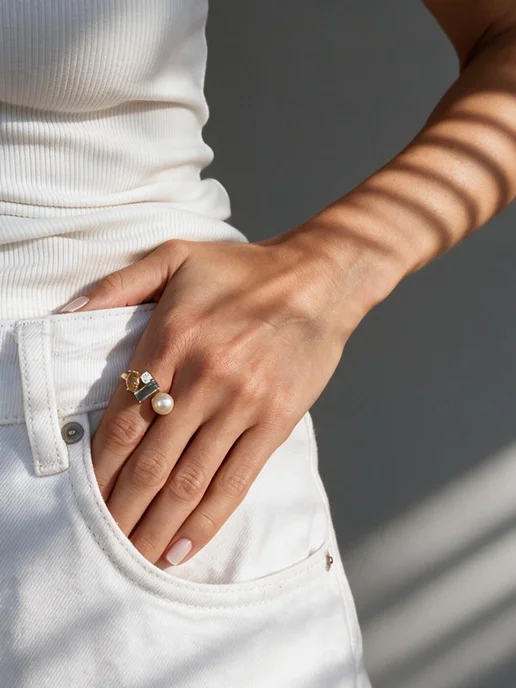 К80 JEWELRY Кольцо с жемчугом и цветными кристаллами регулируемое, вариант, фото 3