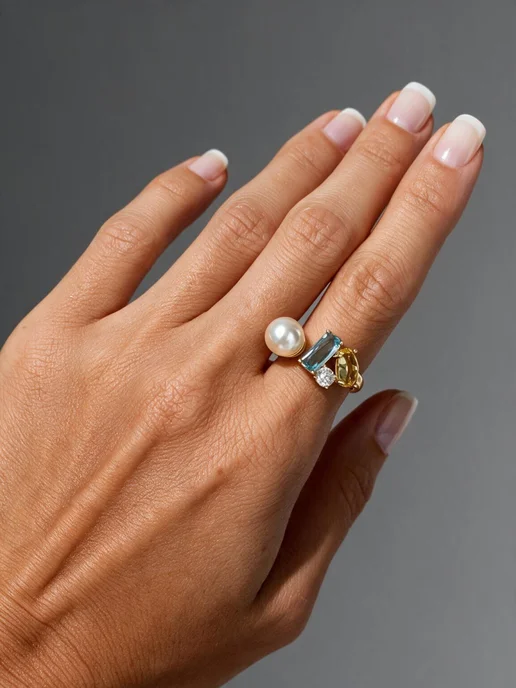 К80 JEWELRY Кольцо с жемчугом и цветными кристаллами регулируемое, вариант, фото 4