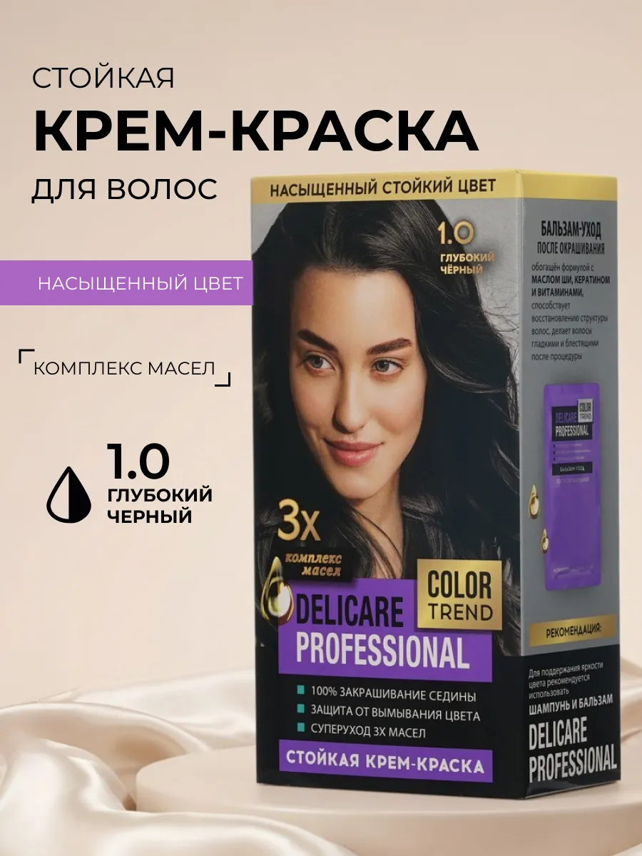 Стойкая крем - краска для волос Delicare Professional Color Trend 1.0 Глубокий черный