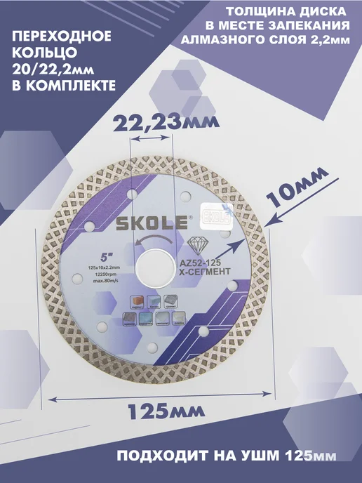 Skole Диск алмазный по керамограниту и плитке 125 мм ромб, синий, фото 2