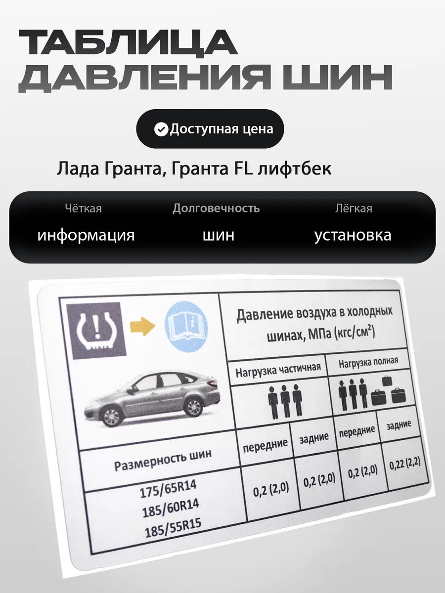 Информационная наклейка о рекомендуемом давлении в шинах