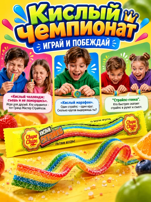 CHUPA CHUPS Мармелад кислый жевательный Чупа Чупс Страйпсы, 48 шт, 48 шт, фото 3