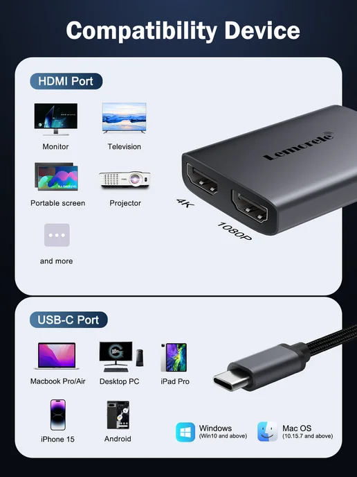 Lemorele Двойной HDMI-адаптер,HDMI 4K,3 независимых экрана, серый, фото 5