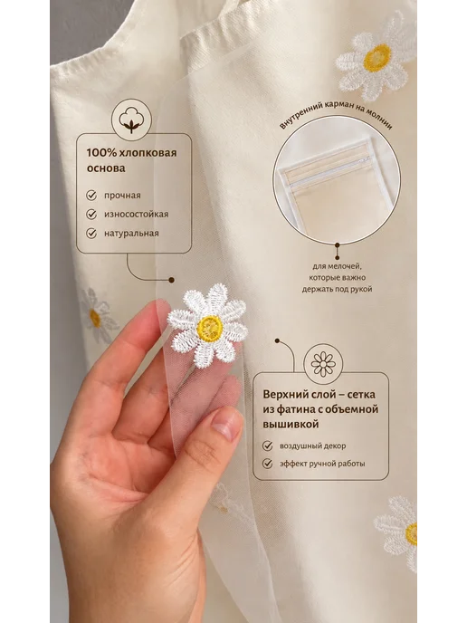 MONCHEE Сумка шоппер тканевая на плечо хлопковая, белый, фото 7