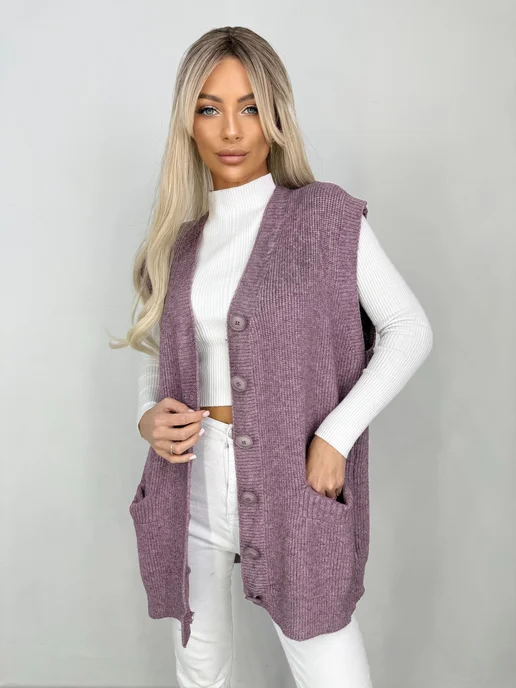 LemonFashion Жилет утепленный вязаный, фиолетовый, фото 2