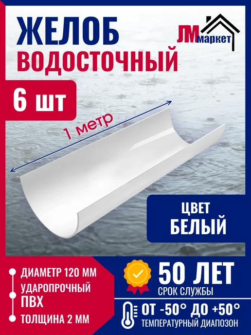 FINEBER Желоб водосточный пластиковый, 6м (1 м х 6 шт), 6 м, 1 м