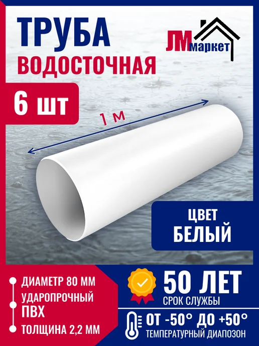 FINEBER Труба водосточная пластиковая, 80 мм, 6 шт х 1 м, 6 шт, 1 м