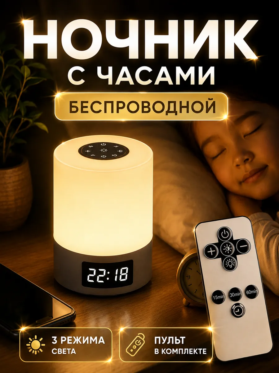 Светильник ночник часы беспроводной