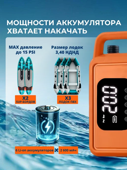 Насос аккумуляторный для лодки ПВХ и сапборда, оранжевый, фото 2