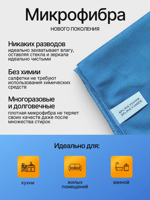 SCRABBER Тряпка салфетка для стекол и зеркал для уборки без разводов, голубой, фото 2