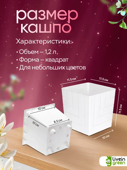 live-in-green Кашпо для комнатных цветов Квадро с вкладкой 1,2 л, 1,2 л, фото 2