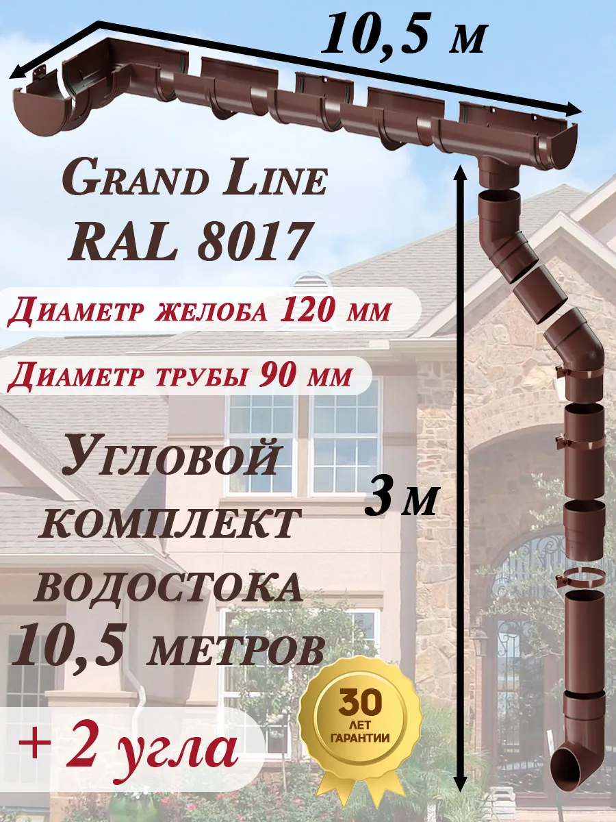 Водосток Grand Line 10,5 м (шоколад, 2 угла) по 1,5 м 1 слив