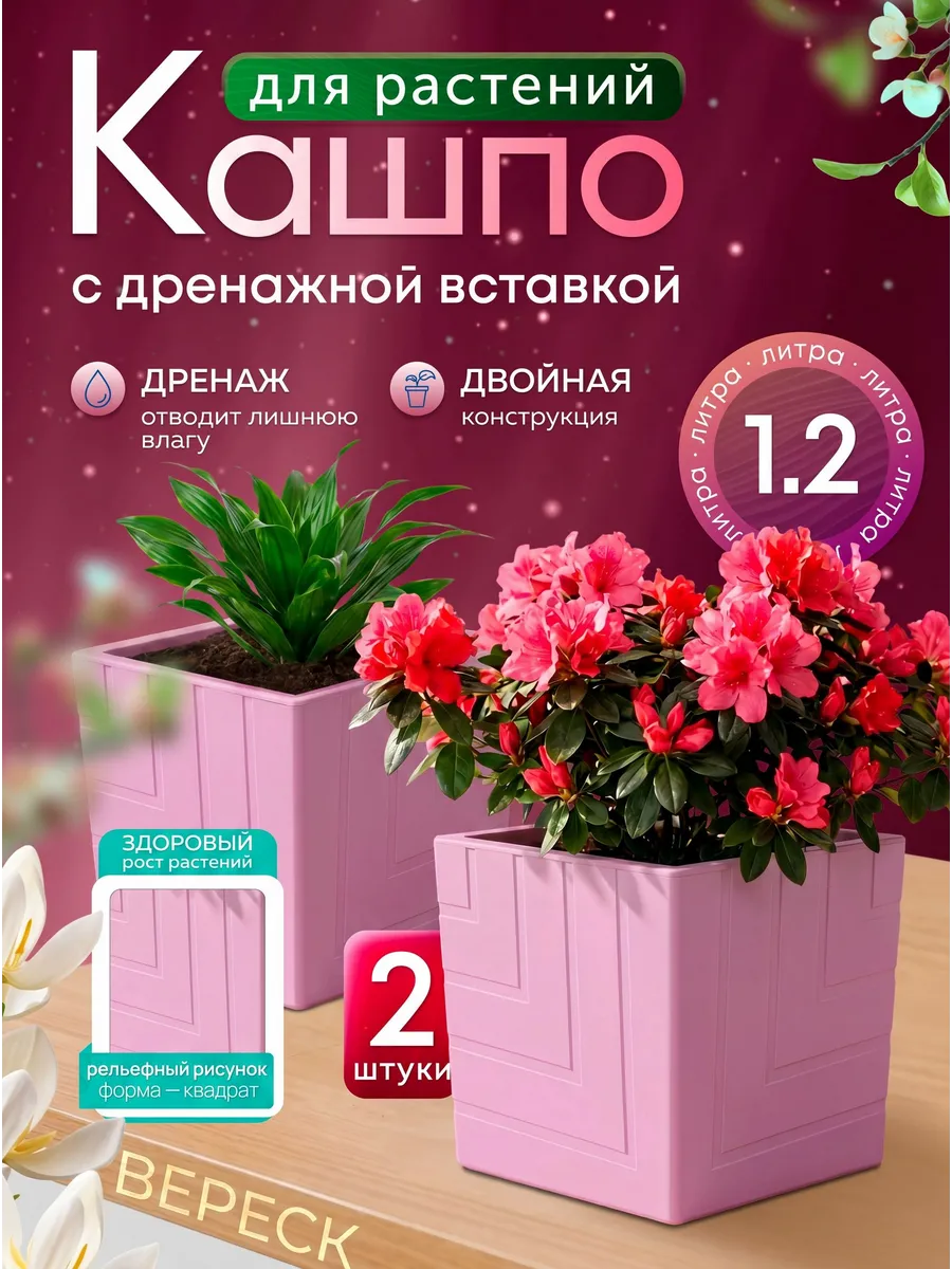 Кашпо для комнатных цветов Квадро с вкладкой 1,2 л 2 шт