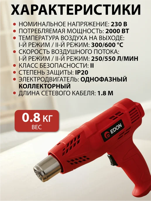 Edon Фен строительный 2000 Вт, 2000 Вт, фото 6