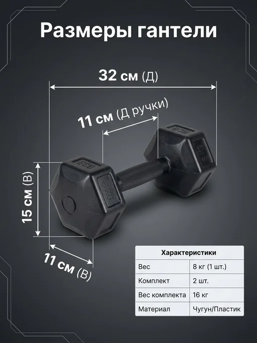 ECGSPOR Гантели 16 кг неразборные, набор 2шт по 8 кг, 16 кг, 2 шт, фото 2